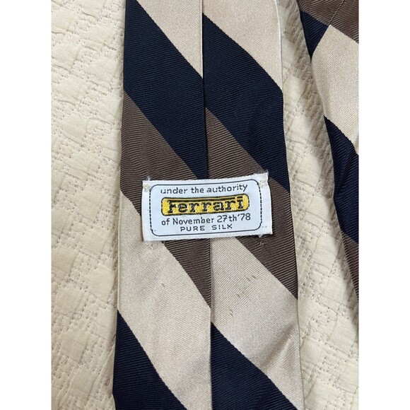 Ferrari Stripe Silk Tie‎ Skinny Brown Tan and Navy 1978 VTG 3"W 56"L - Picture 1 of 7